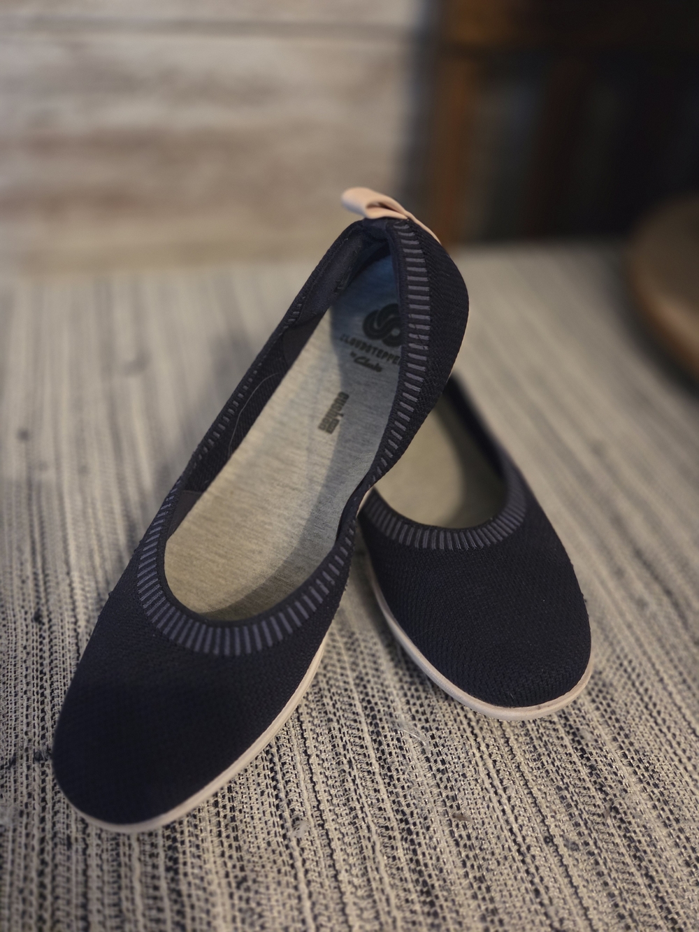 Clarks Navy Knit Slip-On Ballet Flats with Light Pink Trim